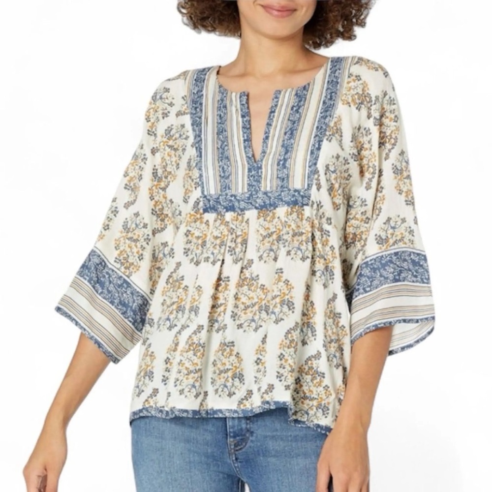 Lucky Brand Kimono Sleeve Cream Floral Peasant Top with Blue Trim